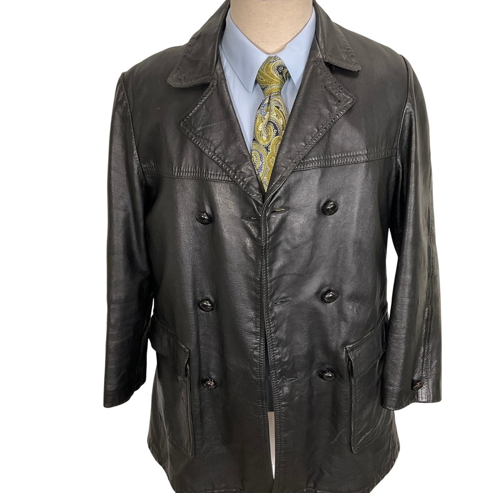 Vintage Leather‎ Jacket Mens Medium Black Double Breasted Faux Fur Trench Coat